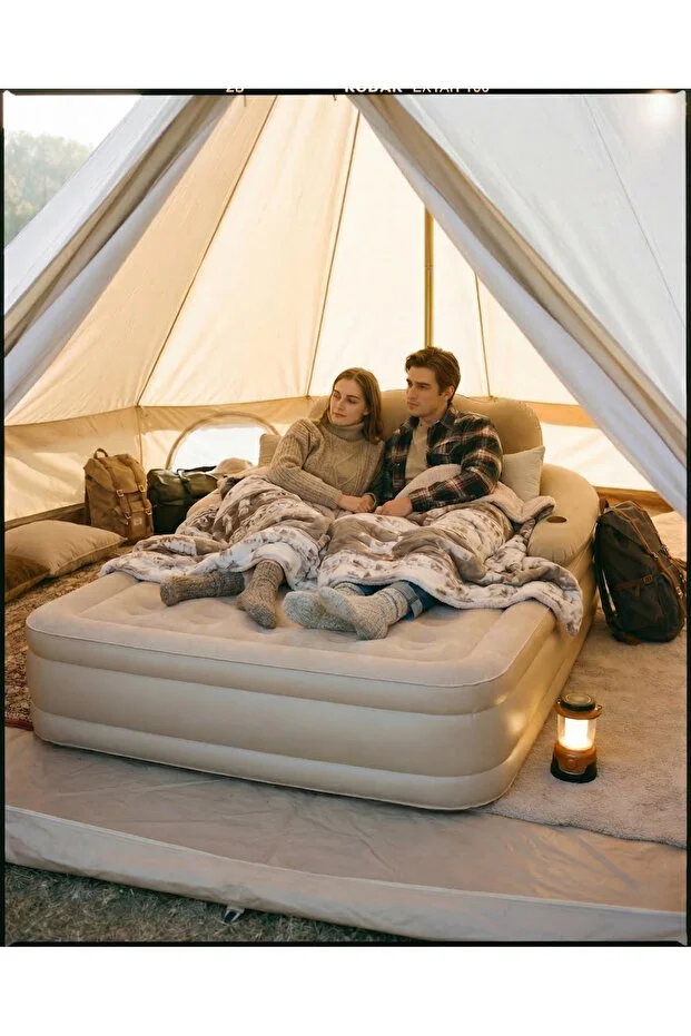 Çift Kişilik Otomatik Şişme Yatak Çıkarılabilir Başlıklı Kamp ve Misafir Yatağı 203x152x40cm